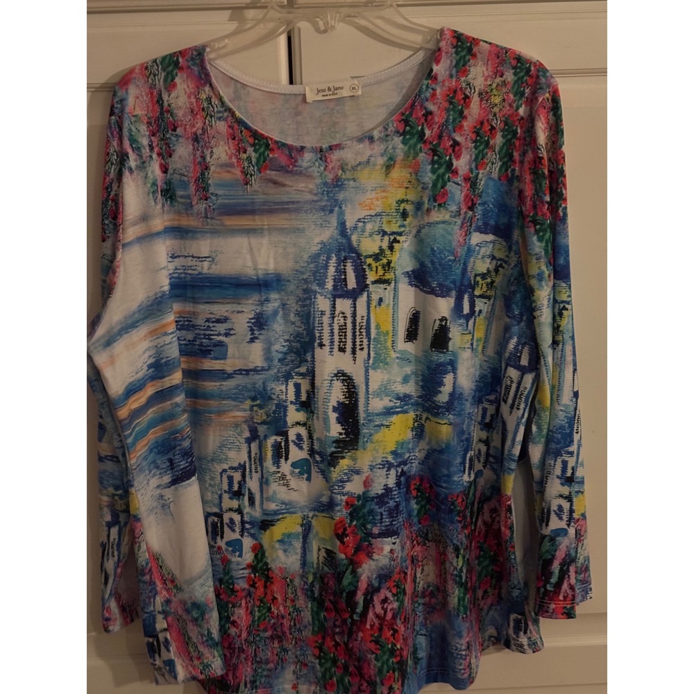 Jess & Jane Womens XL Mediterranean Village Art Print Long Sleeve Made in‎ USA
